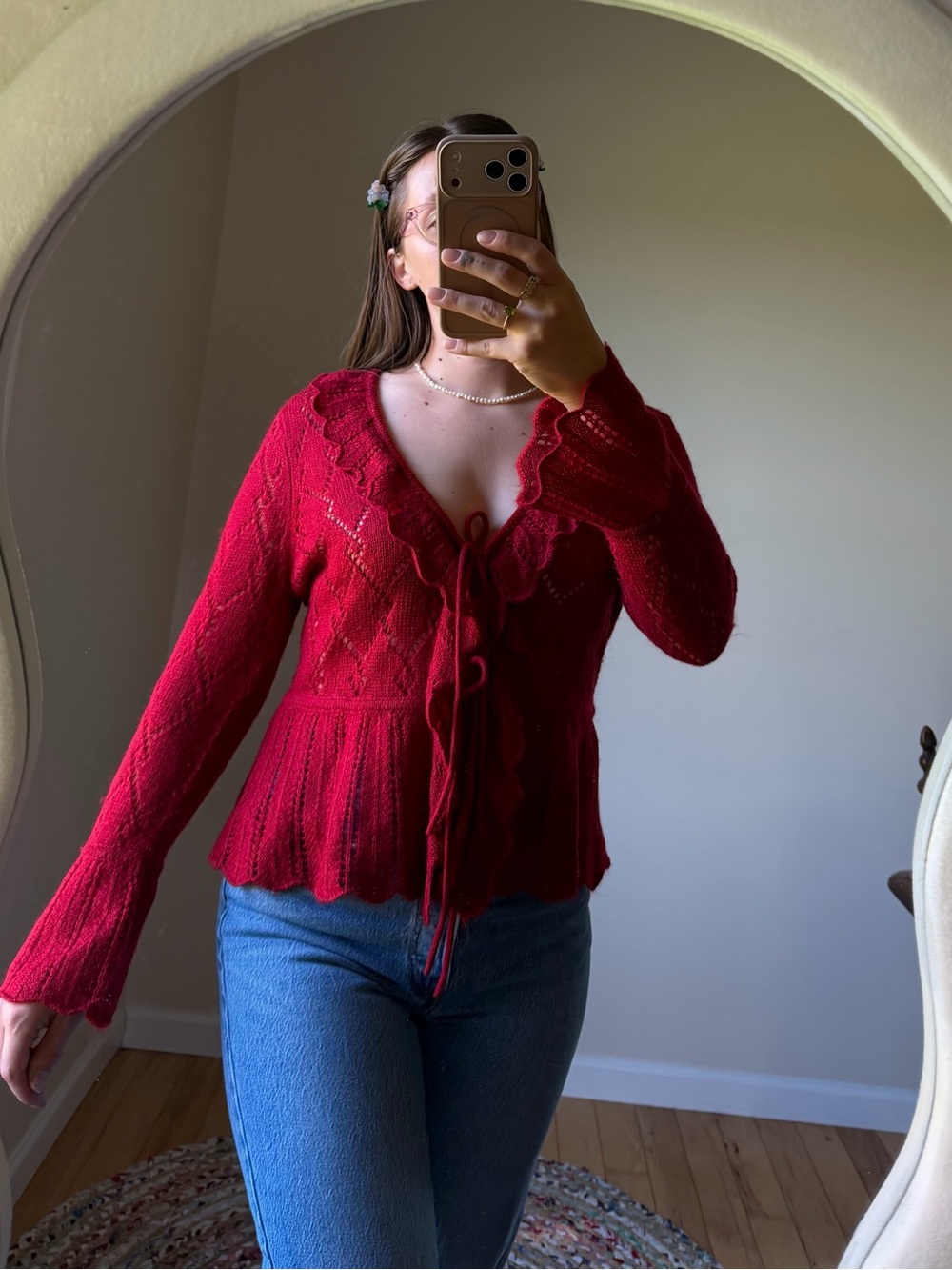 White Stag Red Ruffle Tie-Front V-Neck Sweater